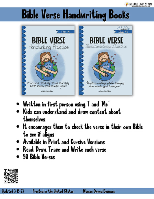 A children's Bible handwriting book featuring Bible verse handwriting, tracing, and calligraphy practice. Ideal for Christian handwriting practice, Bible verse writing practice, and penmanship for kids. Includes Bible verse copywork, handwriting worksheets, and Bible verse learning for children. Perfect for Bible verse tracing and penmanship practice for kids.