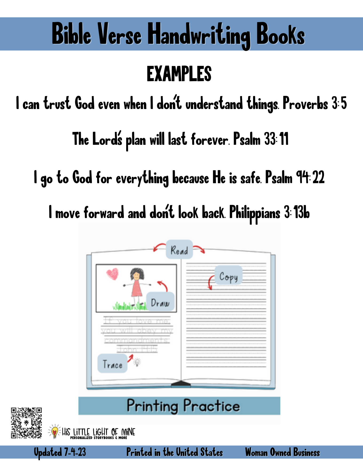 Examples of paraphrased Bible verses and interior in the Bible Verse Handwriting Books, self-published through Amazon KDP