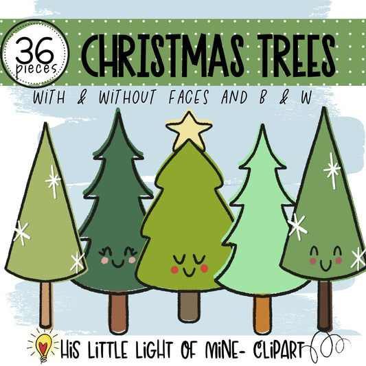 Cover Image of the Happy Christmas Trees clip art pack featuring trees with and without faces in color and in black and white as well as transparent versions