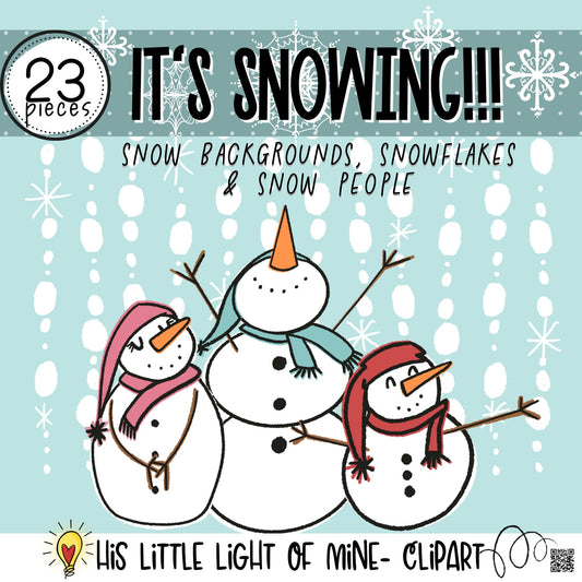 Cover Image of the It’s Snowing clip art pack featuring snow backgrounds, snowflakes and snow people, snowmen, snowman, snowwoman, snowgirl, snowboy