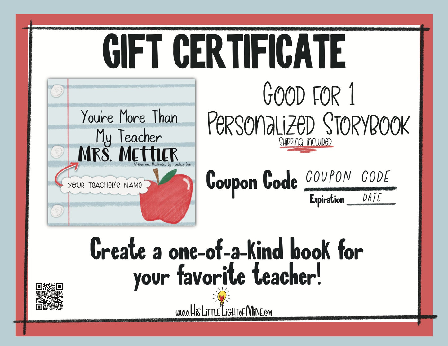 The self-published personalized book “You’re More Than My Teacher” gift certificate image